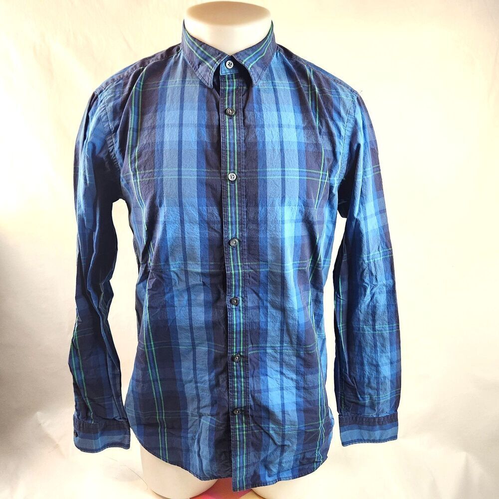 Banana Republic Shirt Mens Medium Blue Button Up Plaid Slim Fit Soft Wash Casual